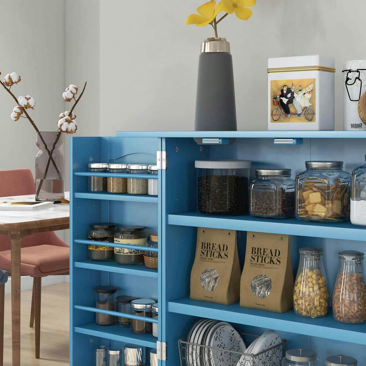 Spaco Freestanding Kitchen Pantry Cabinet with 5-Tier Shelving, Kitchen Cabinet with 12 Door Shelves and Double Doors for Indoor as Living Room, Kitchen, Blue