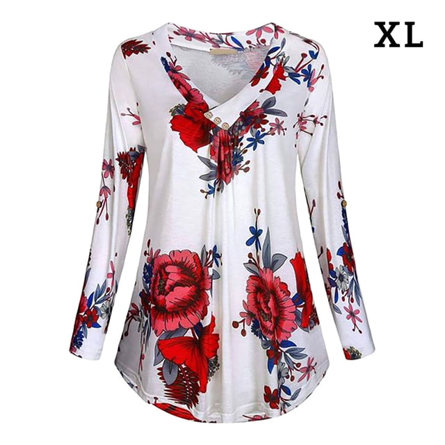 Camisa de manga larga con cuello en V para mujer Blusa informal con estampado floral, XL, Blanco AweSitey AP000933-17
