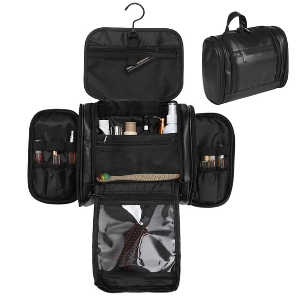 Large Hanging Toiletry Bag for Men, PU Leather Travel Bathroom Organizer with Swivel Hook, Zippered Hygiene Storage Case for Shaving Kit, Grooming Essentials, Shower Accessories Travel Bag