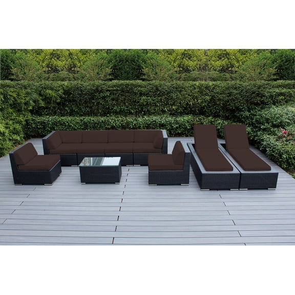 Ohana Depot Ohana Outdoor Patio 9 Piece Black Wicker Sofa and Chaise Lounge Set - No Assembly Red