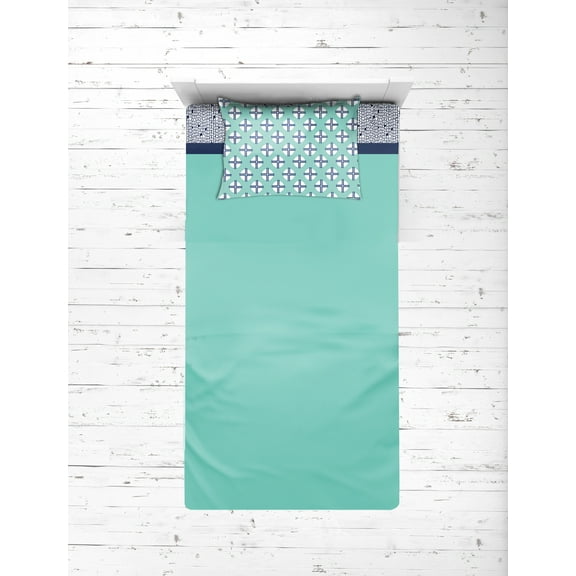 Bacati - Noah Tribal 3-Piece 100% Cotton Percale Toddler Sheet Set, Mint/Navy