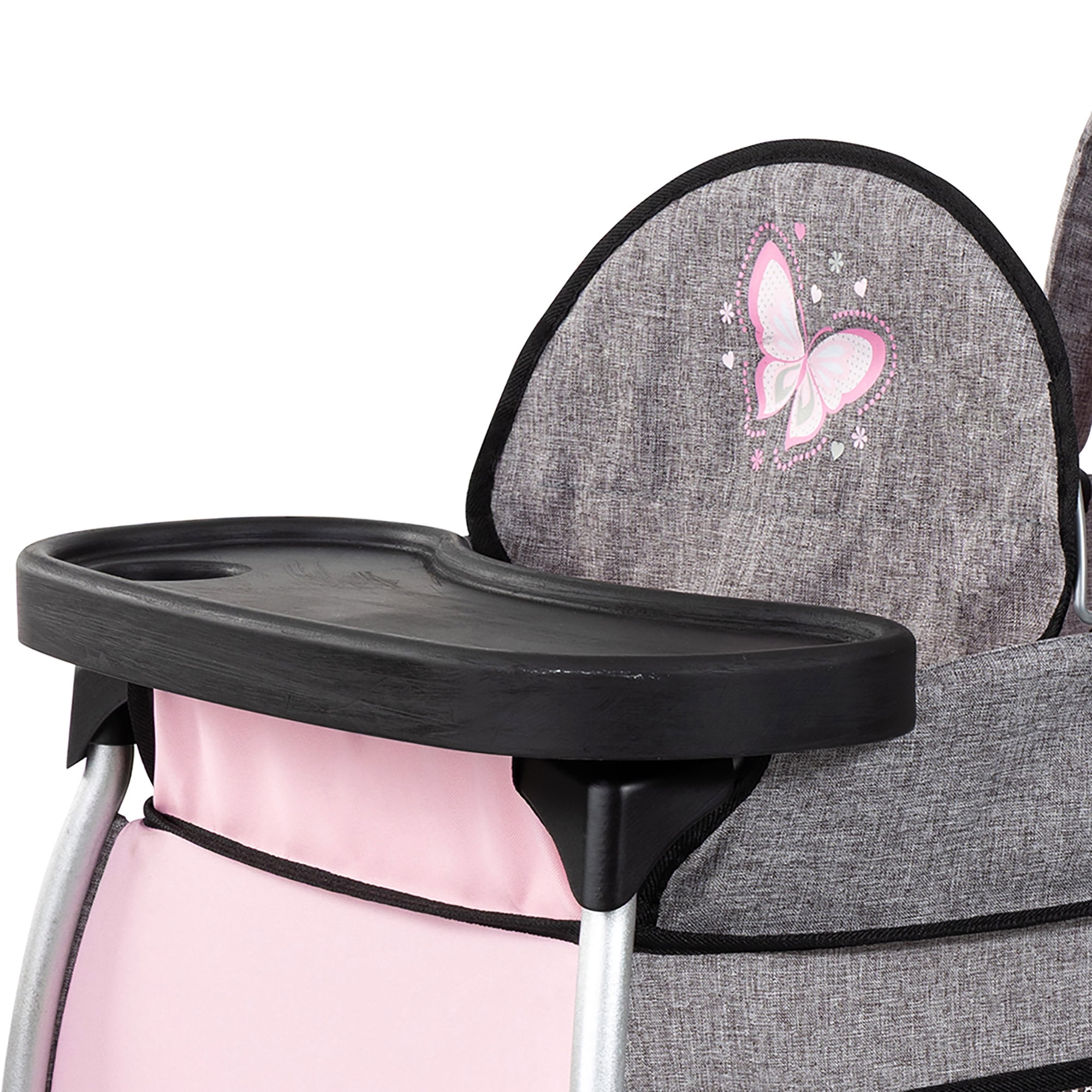 Bayer Design: Doll Multi-Bed - Grey-Pink-Butterfly - Sleep Playpen, Built-In Feeding Highchair, Pillow-Blanket, Care Center Fits 18" Dolls, Kids 3+
