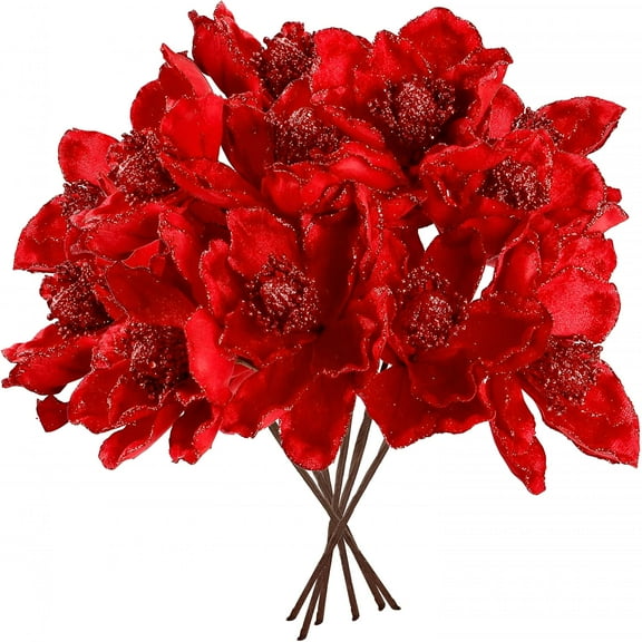 LAMIRO 5Pcs 10Inch Christmas Glitter Flowers Christmas Tree Ornaments Artificial Poinsettia Flower Stems Floral Picks for Xmas Wedding DIY Crafts Wreath Party Floral Decorations