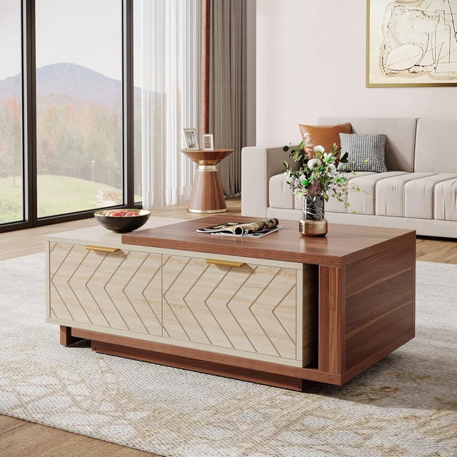 Tribesigns Table Basse Extensible avec 2 Tiroirs de Rangement, Table Centrale Bicolore avec Plateau Coulissant, Table de Cocktail Rectangulaire en Bois à Rangement Caché Multifonction pour Salon, Noyer et Chêne