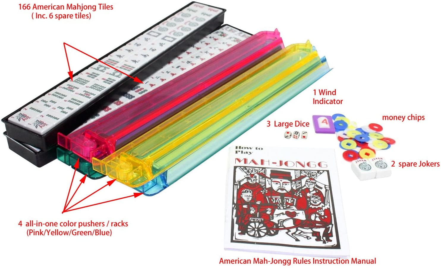 American Mahjong Set - Gray (Pigeon Blue) Quilted Soft Bag - 166 White Engraved Tiles, 4 All-in-One Rack/Pushers Western Mah Jongg Game Set