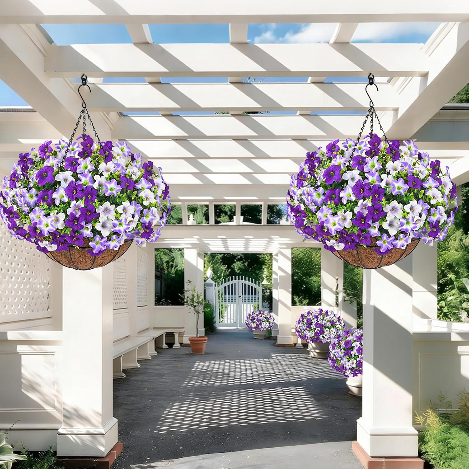 Lyacmy Artificial Hanging Flowers in Basket for Outdoor, UV Resistant Faux Petunias with Eucalyptus Leaves with 20Inch Coconut Lining Chain Flowerpot,Purple White