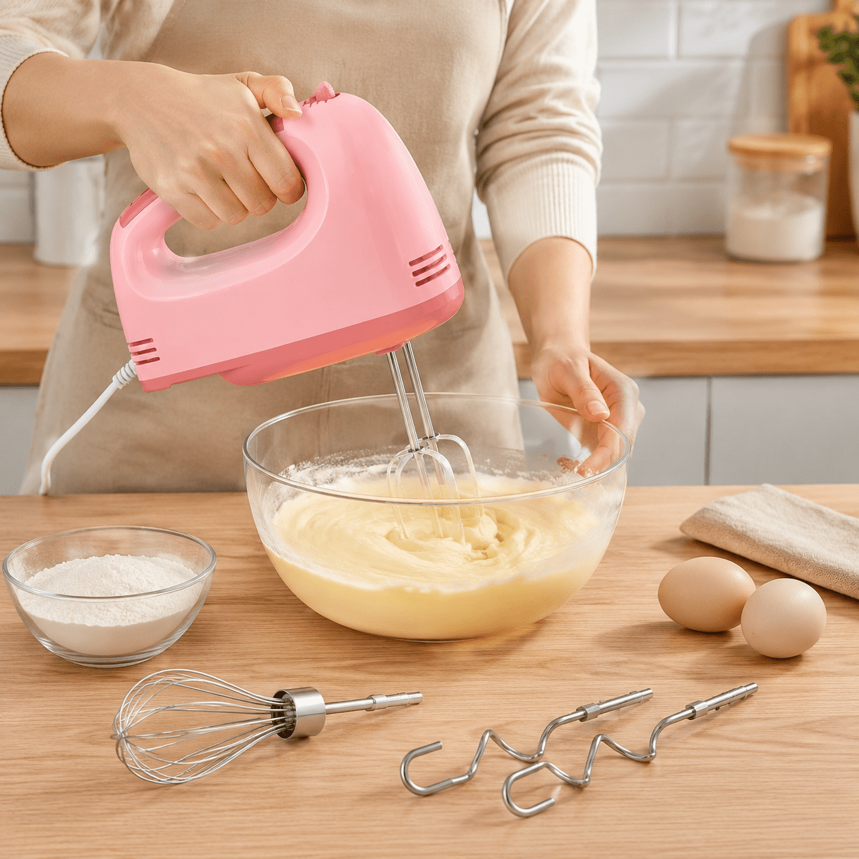 Hand Mixer Electric, Ultra Power Kitchen Hand Mixer With 7-Speed & 5 Stainless Steel Accessories for Whipping Dough, Cream, Cake, Dishwasher Safe, Light Pink