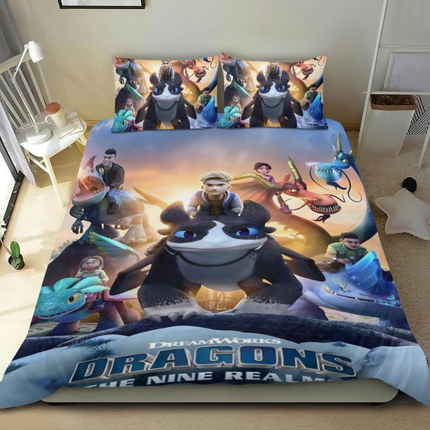 Cómo Entrenar a Tu Dragón 4 Conjunto de sábanas temático, trío de piezas, cómodo y amigable con la piel, diseño único, regalo de decoración para el hogar para familiares, amigos y fans, 90 cm * 190 cm