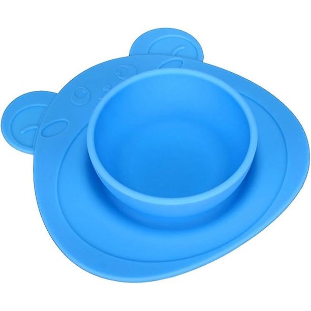 Platos antideslizantes de silicona para bebé, plato con ventosa, manteles individuales con forma de oso bonito para niños (azul)