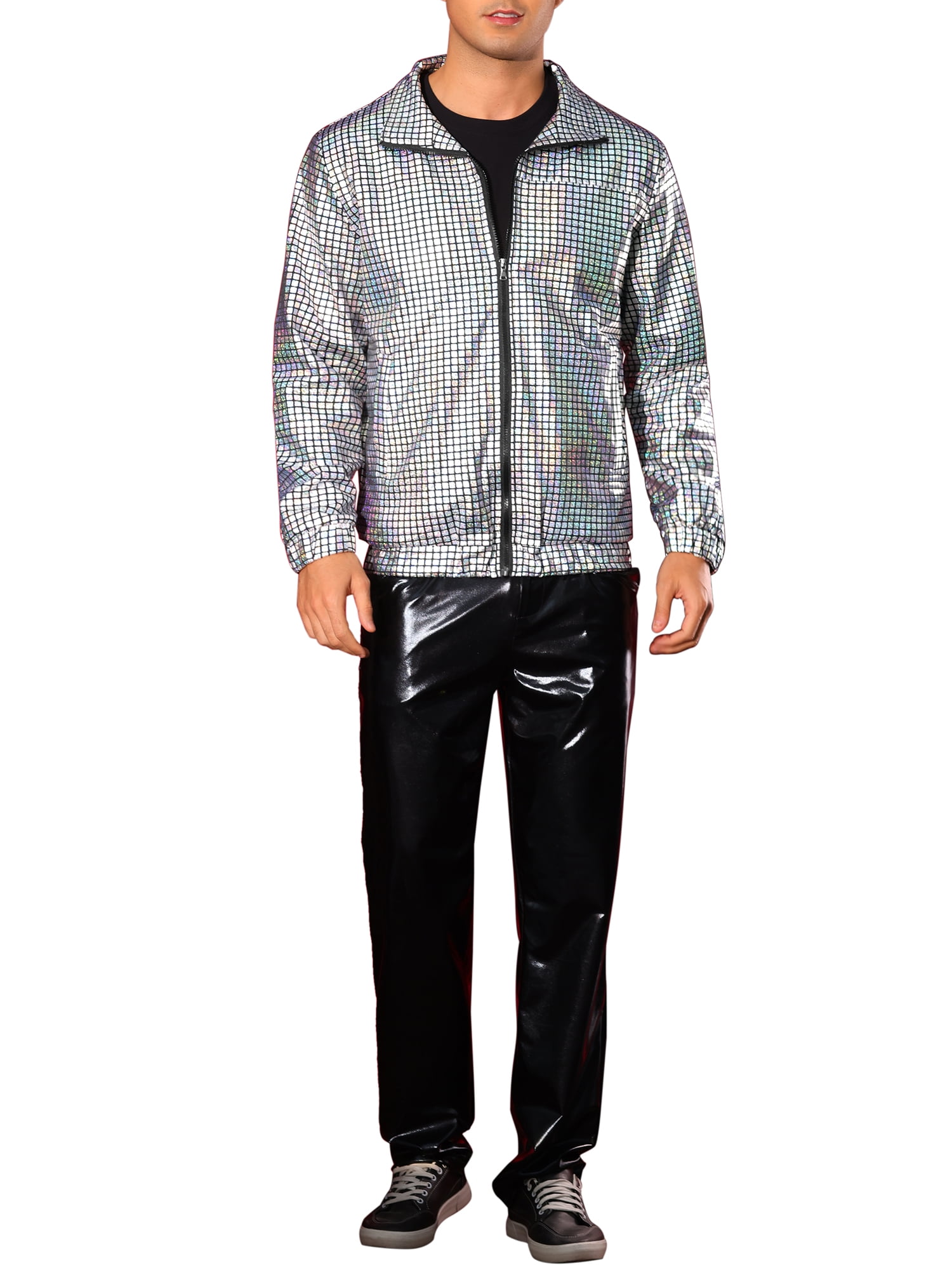 INSPIRE CHIC Holographic Jacket for Men's Metallic Long Sleeve Stand Collar Party Disco Shiny Jackets L Silver