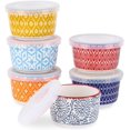 thumbnail image 1 of Selamica Ramekins with Lids 4 oz Oven Safe, Creme Brulee Ramekins Souffle Dishes with Covers, Stackable Ceramic Mini Ramekin Bowls Set for Dipping, Custard, Pudding, Baking, Set of 6, Assorted Colors, 1 of 5