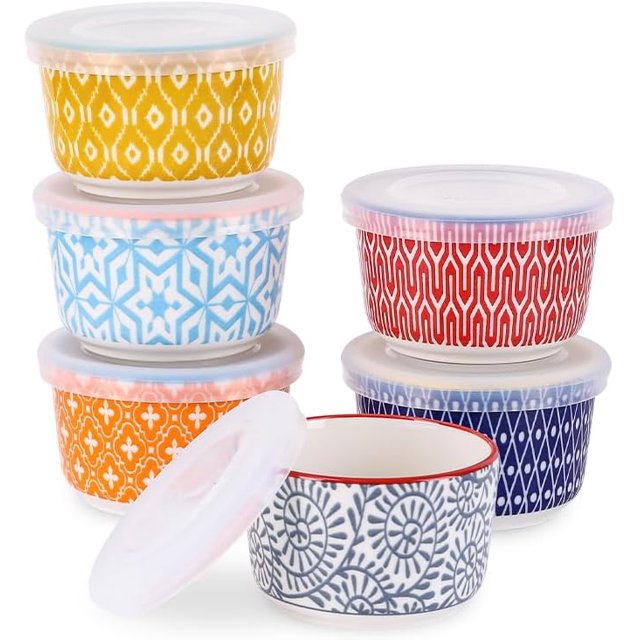 Selamica Ramekins with Lids 4 oz Oven Safe, Creme Brulee Ramekins Souffle Dishes with Covers, Stackable Ceramic Mini Ramekin Bowls Set for Dipping, Custard, Pudding, Baking, Set of 6, Assorted Colors
