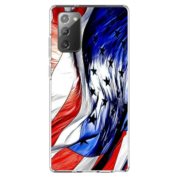 DistinctInk Clear Shockproof Hybrid Case for Samsung Galaxy Note 20 (6.7" Screen) - TPU Bumper, Acrylic Back, Tempered Glass Screen Protector - Red White Blue United States Flag Waving - America