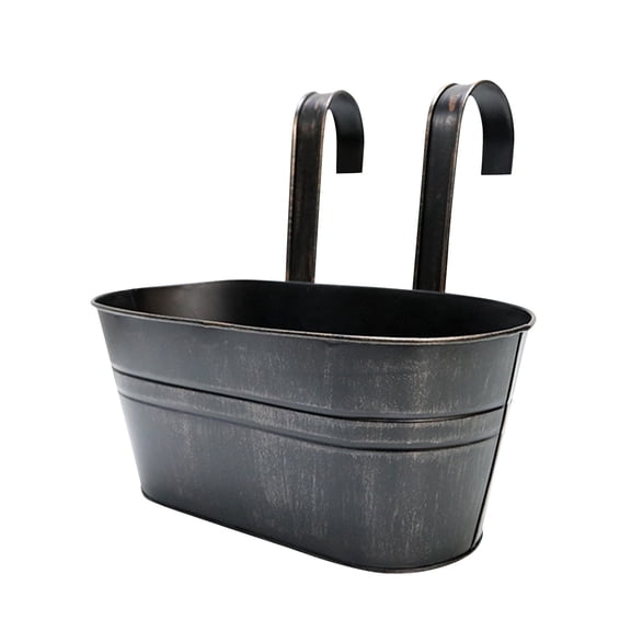 Outdoor Rail Planter (8.8 Inch) Black Metal Iron Hanging Flower Pots Deck Railings Fence Buckets Modern Countryside Boho Style Wall Mount Window Box Plant Holder Hooks Porch Decor