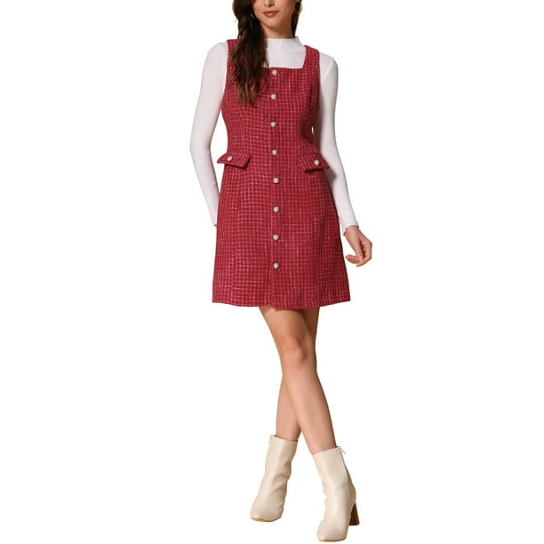 Vestido Tweed INSPIRE CHIC sin mangas con cuello cuadrado y botones, vestido tipo pinafore A-Line para mujer, L Rojo Oscuro