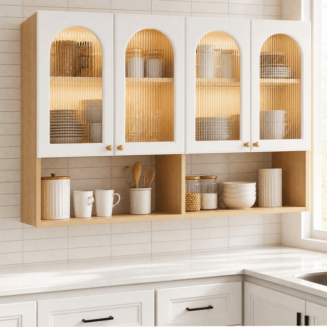 Alacenas para Cocina, Alacena Gabinete para Cocina 3 Puertas, Mueble Superior con Visualización en Vidrio Transparente 120x30x80CM(Claro)