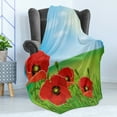 thumbnail image 4 of Poppy Flower Soft Flannel Fleece Blanket, Sunny Day is upon the Green Hills of the Country Red Summer Blossoms, Cozy Plush for Indoor and Outdoor Use, 60" x 80", Red Pale Blue Green, by Ambesonne, 4 of 5