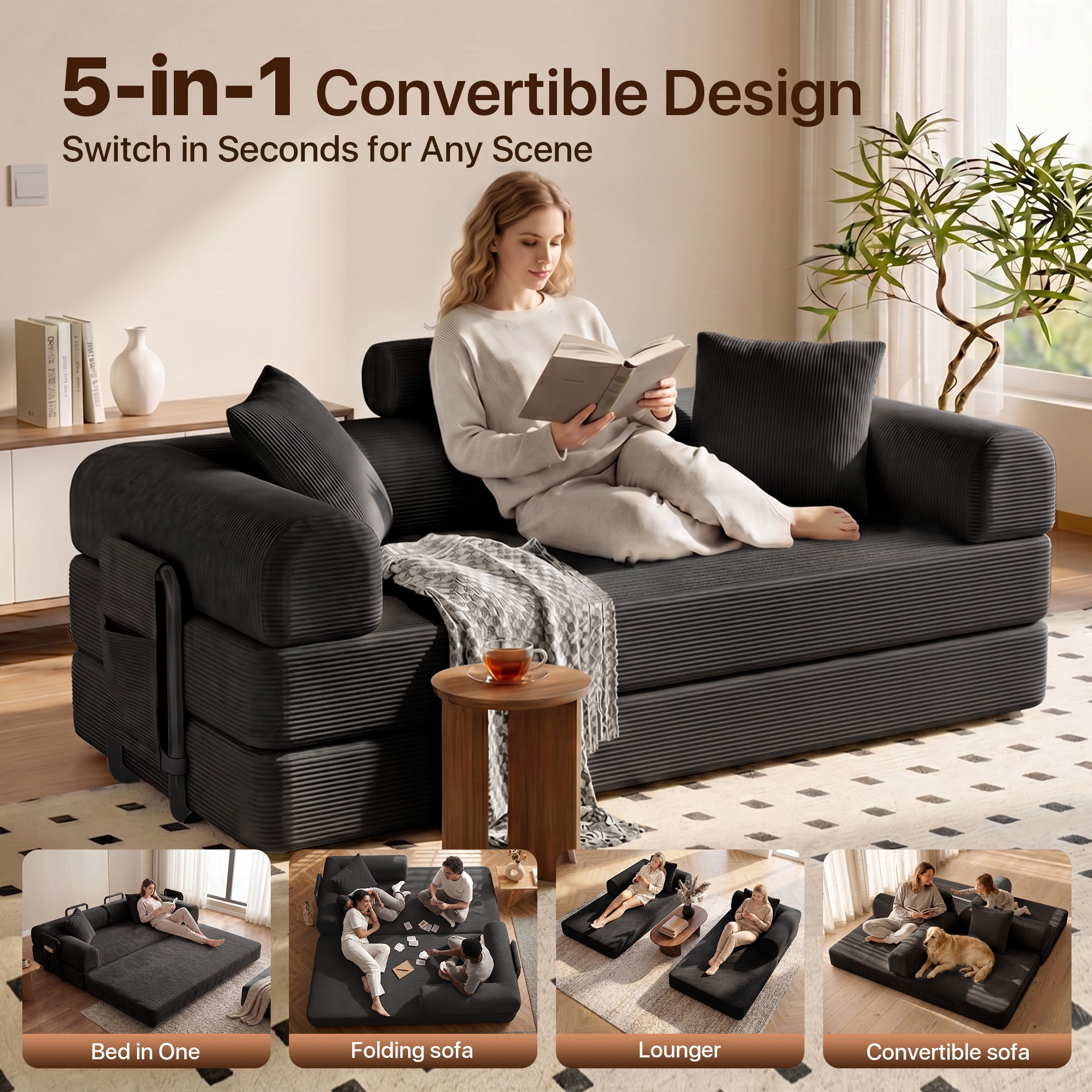 78" Convertible Sofa Bed with Two Storage Bag, Loveseat Couch with High Rebound Density Sponge for Living Room, Tool-Free Setup Love Seat with 2 Pillows, Black