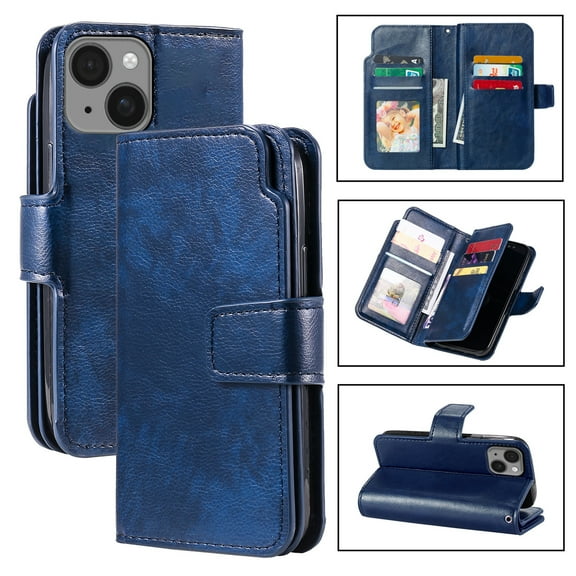Wallet Case for iPhone 14,[9 Card Holders & 2 Cash Pocket] RFID Blocking Premium PU Leather Magnetic Flip Kickstand Folio Case Durable TPU Shell Protective Luxury Cover - Blue