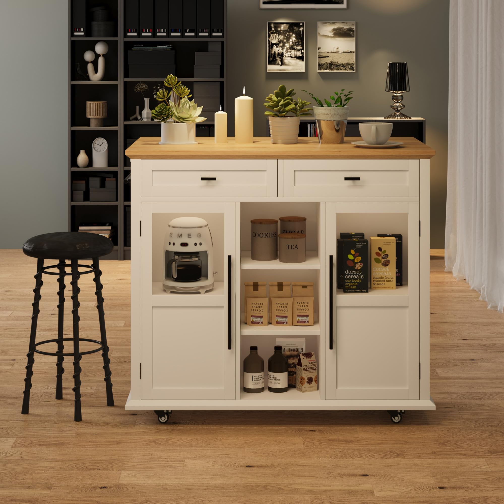 Ataucjin Foldable Kitchen Island On Wheels,Rolling Kitchen Island Cart with 2 Glass Doors,Spice Rack & Towel Holder,Kitchen Island Table with Storage Cabinet,Compact Mobile Storage Cart for Kitchen