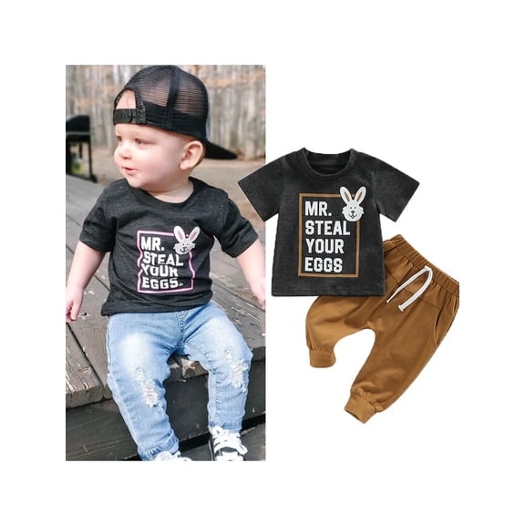 DcoolMoogl Toddler Baby Boy Easter Outfit Mr Steal My Heart Crewneck Sweatshirt Shirt Top Pants Summer Clothes 18-24 Months
