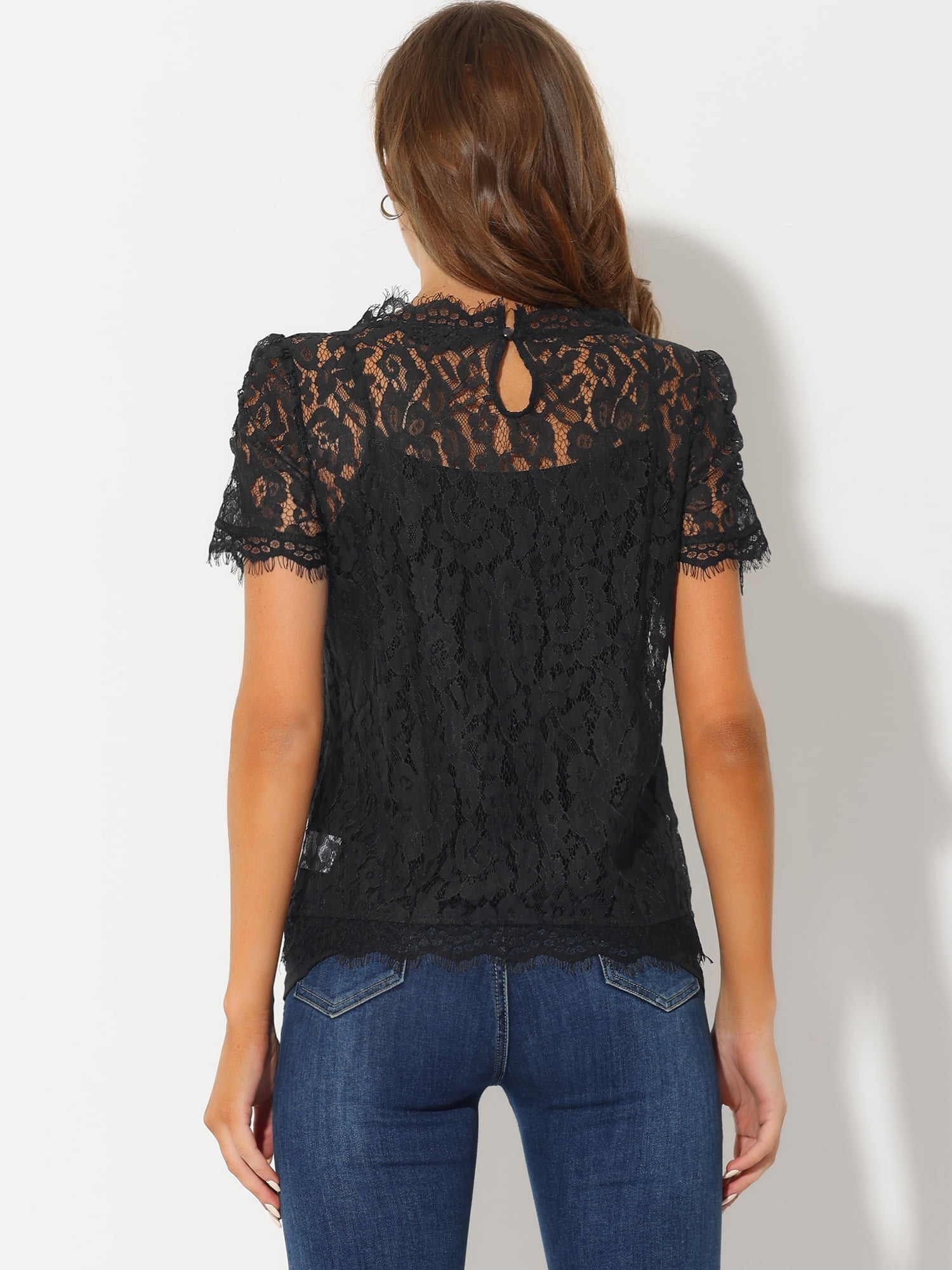 DARING DIVA Round Neck Scalloped Trim Floral Lace Top 2XL Black