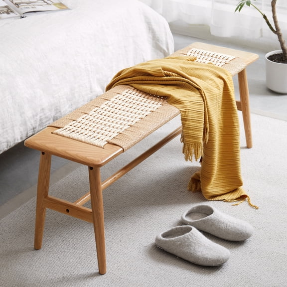 GZXS Modern Entryway Bench with Handcrafted Rattan Seat - Solid Oak Wood Frame Dining Bench for Bedroom, Entryway, or Dining Room - 43.31"L x 11.82"W x 15.98"H