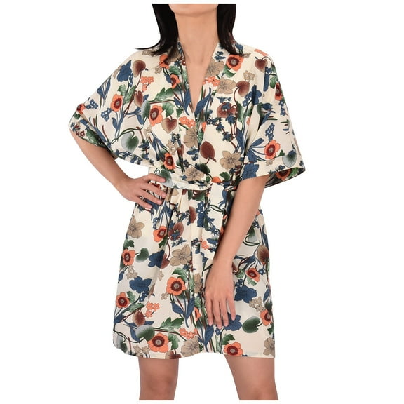 DHFJKG Women Silk Robes Satin Short Sleeve Bathrobe V Neck Tie Waist Floral Print Summer Soft Loungewear Comfortable Home Clothes