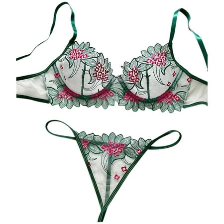 Yuhangmm Ladies Fashion Sexy Embroidery Printed Lace Thin Underwear Two Piece Set Bra Lingerie Pack