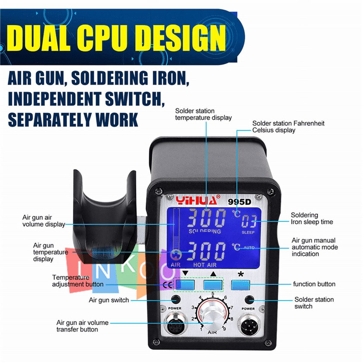FZFLZDH YiHua 2 in 1 995D 110V 220V Soldering Station iron Hot Air Blower Rework Station 720W Hot Air with Multiple Functions