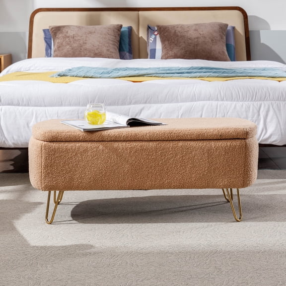 CQSXDA 39" Storage Ottoman Bench, Teddy Fabric Upholstered Bedroom Footstool for Bedroom, Bed End, Living Room, Entryway, Camel