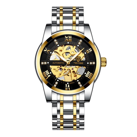 TEVISE TEVISE Montre Squelette Automatique de Luxe pour Homme, Montre Étanche en Acier Inoxydable, Design Rétro, Option Noir et Or