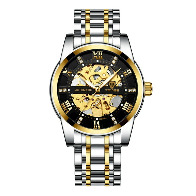 TEVISE TEVISE Men's Luxury Automatic Skeleton Watch, Stainless Steel Waterproof Timepiece, Retro Design, Black & Gold Option