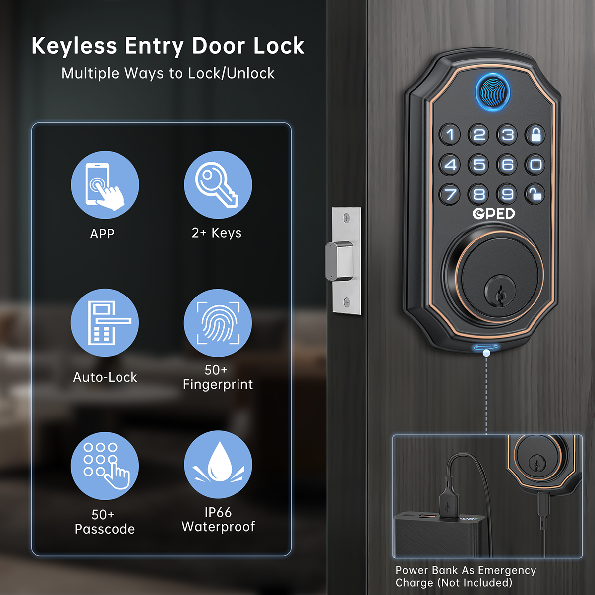GPED Fingerprint Door Lock Keyless Entry Black photo 4