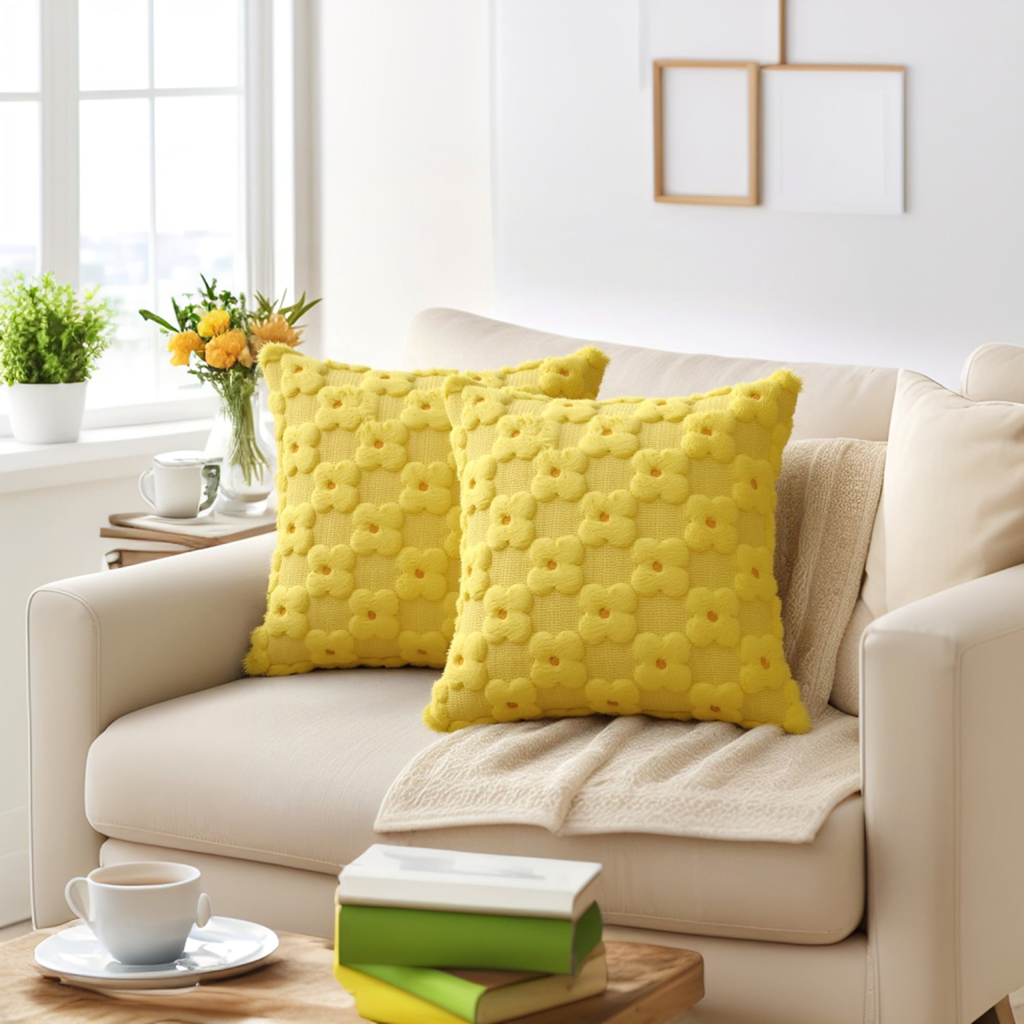 Unique Bargains Cute Daisy Embroidery Pillow Covers Pack of 2 Yellow 18" x 18"