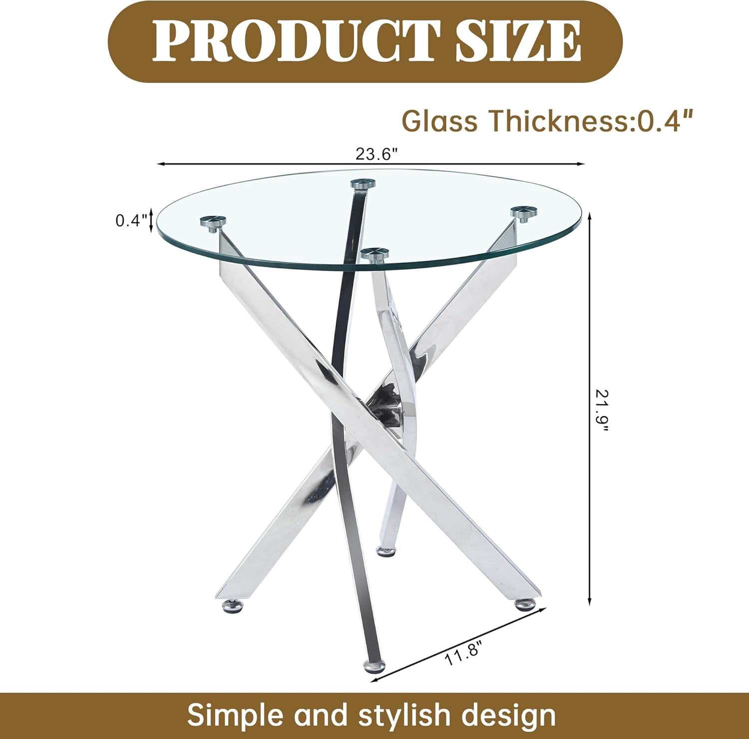 Modern 23.62" Round End Table, Tempered Glass Top, Stainless Steel Cross Base, Nightstand, for Living Room, Bedroom, Small Spaces