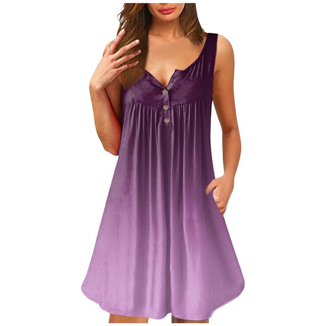Robes d'Été pour Femmes Col Rond Imprimé Boutons Manches Courtes Robes de Plage Décontractées Mini Robe avec Poches