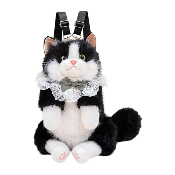 Mochila con forma de gato, informal, de dibujos animados, para mujer, de peluche, para la calle Negro