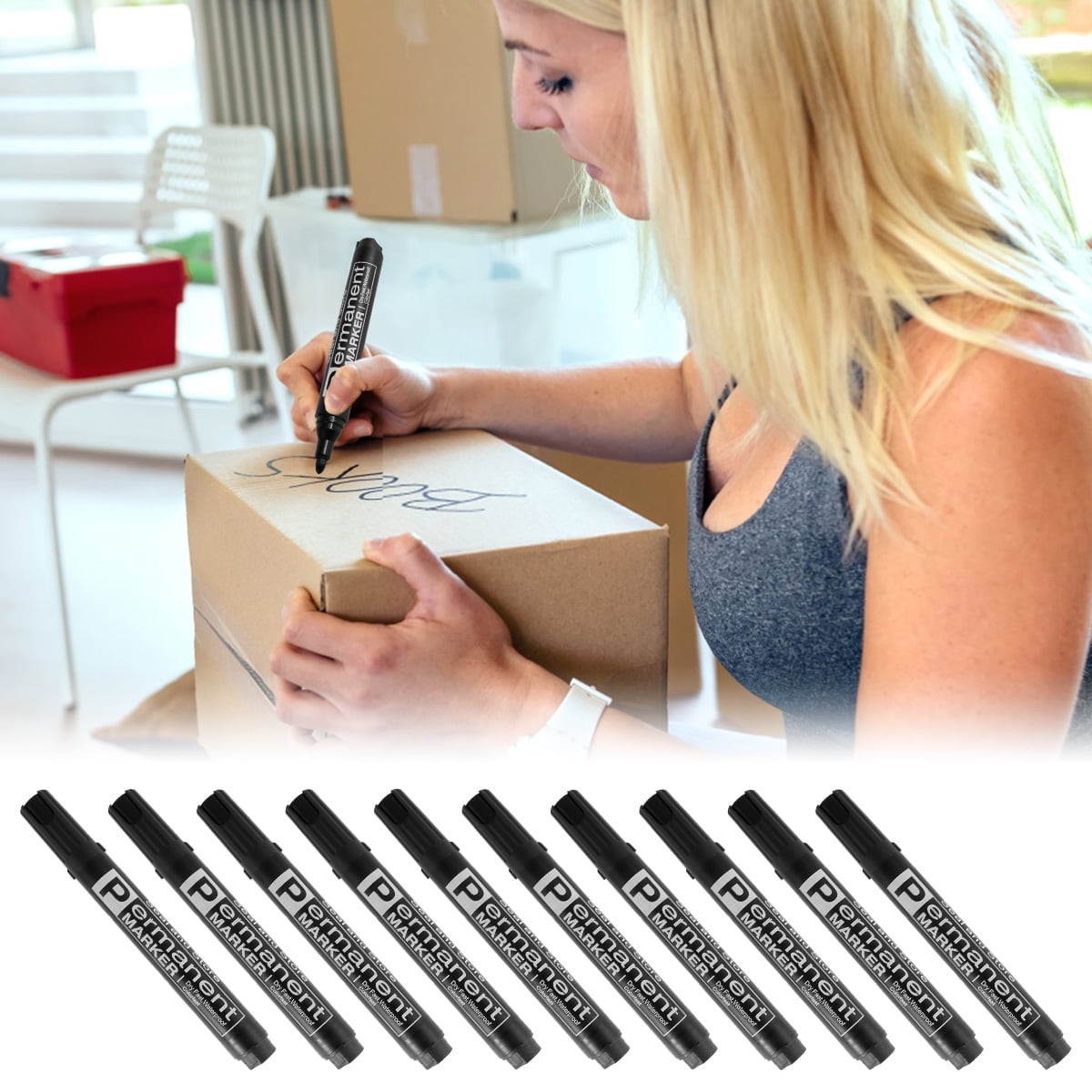 Toorise 10pcs Permanent Marker Pens Bullet Tip Markers Waterproof Black  Marker Set Non-fading Paint Pens Works on Plastic Wood Stone Metal Glass  for