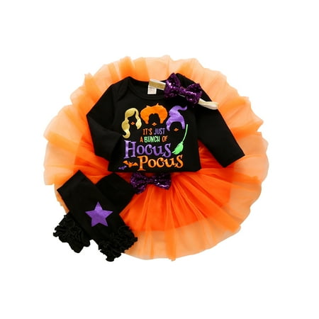 

One opening Baby Girls Clothes Three-piece Set Black Long Sleeve Round Collar Letters and Bat Printed Patterns Romper + Orange Skirt + Ankle Socks