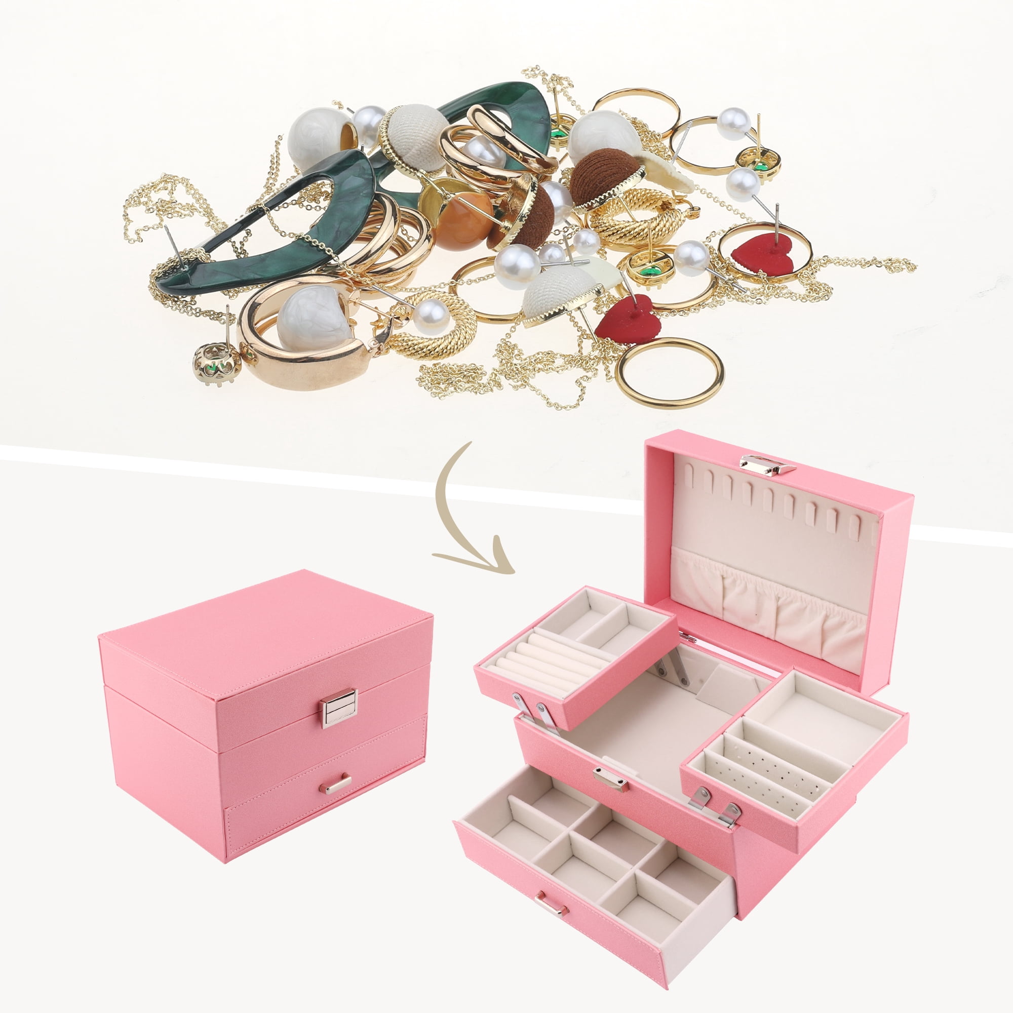 Unique Bargains 3 Layer Jewelry Box PU Leather Organizer Pink