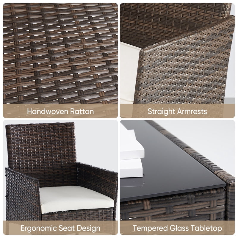 Gianna 3-Piece Patio Furniture Set, Outdoor Wicker Rattan Chairs with Removable Cushion & Glass Table, Conversation Furniture for Porch, Garden, Backyard, Poolside - Brown