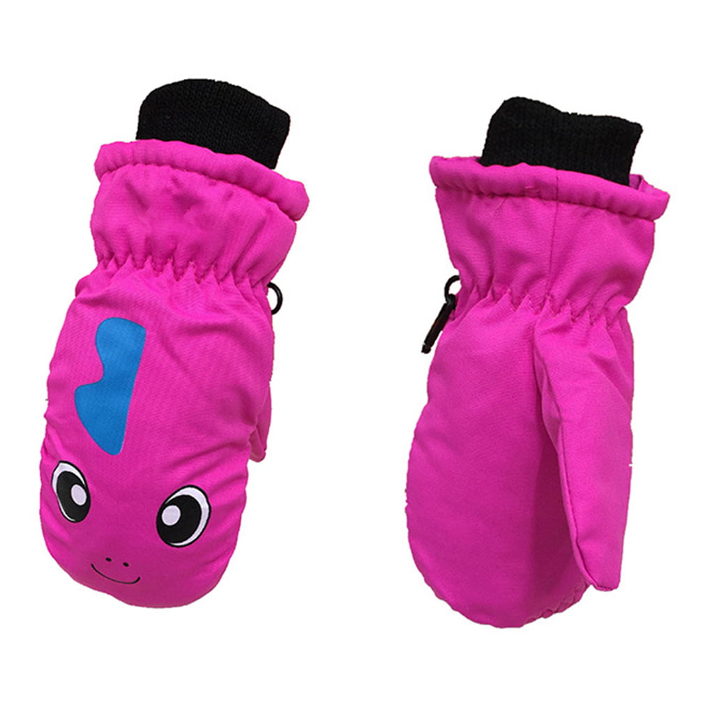 Toddler Infant Kids Ski Gloves Winter Thick Lined Warm Gloves Cartoon Dinosaur Printed Waterproof Windproof Elastic Cuff Mittens 3-5T