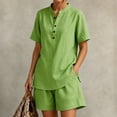 thumbnail image 2 of Arlun Womens Linen 2 Piece Sets Neck Button up Short Sleeve Shirts and Wide Leg Shorts Set Summer Relaxed Fit Casual Two Piece Outfits Solid Color Matching Set Daily Wear Green XL, 2 of 5