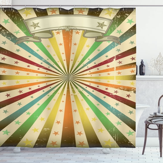 Vintage Rainbow Shower Curtain, Carnival Advertisement Themed Colorful Lines and Stars Grunge Background, Fabric Bathroom Set with Hooks, 69W X 75L Inches Long, Multicolor, by Ambesonne