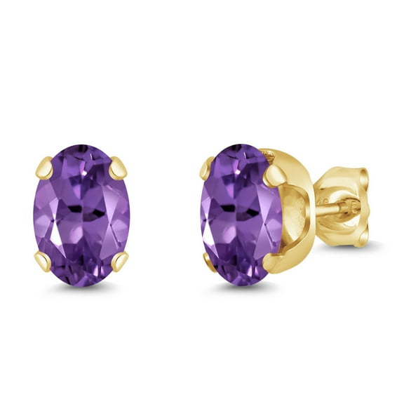 Gem Stone King 18K Yellow Gold Plated Silver Purple Amethyst Stud Earrings for Women Men (1.50 Cttw, Gemstone Birthstone Oval 7X5MM)