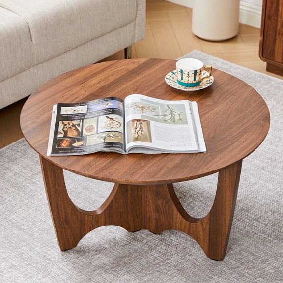 Mid-Century Modern Round Coffee Table, Farmhouse Style Walnut & Wood 27.5" Small Center Table for Living Room