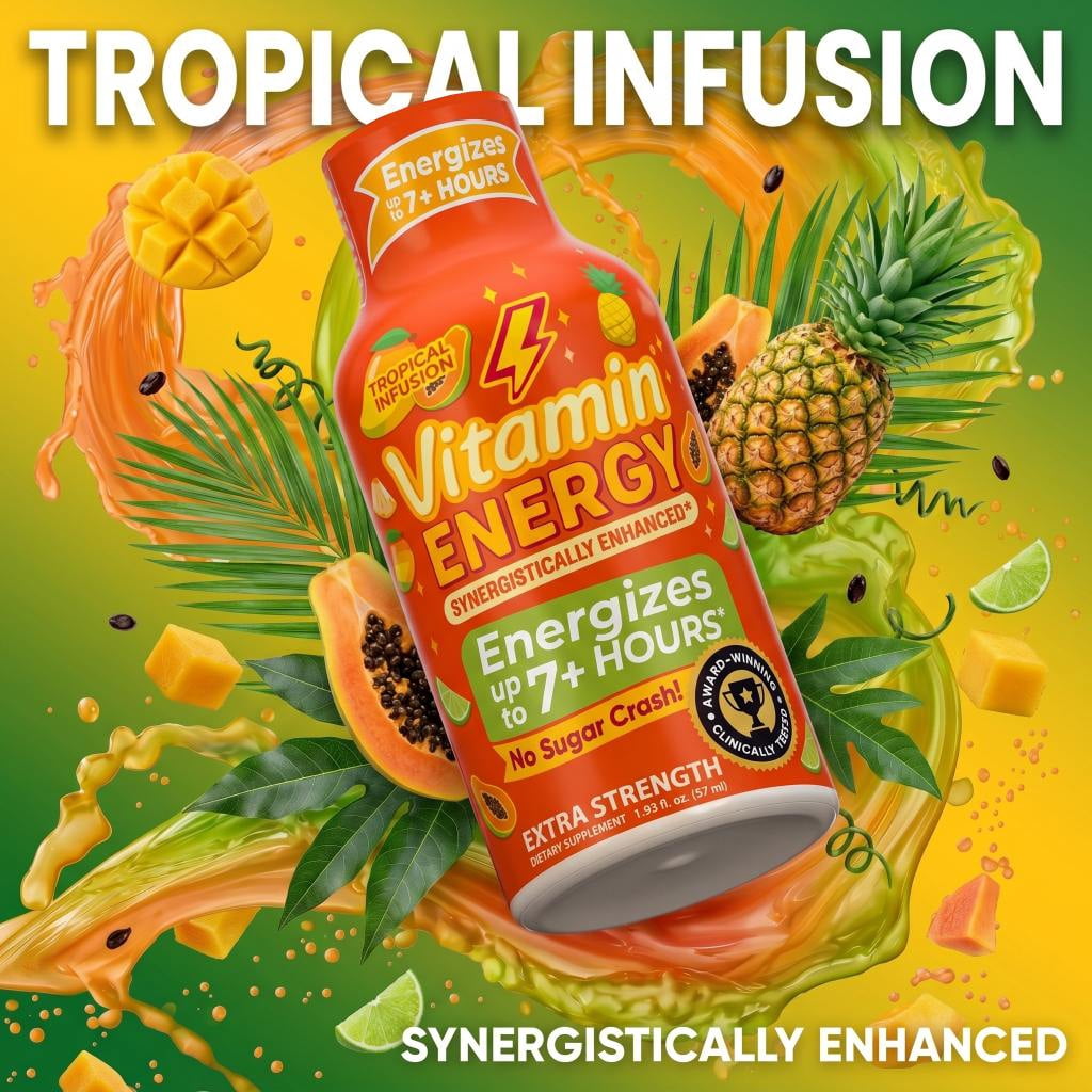 Vitamin Energy Focus+ Extra Strength Shot, Tropical Infusion, 48 Pack – 260mg Natural Caffeine, CoQ10 & B-Vitamins, Zero Sugar, 1.93 fl oz