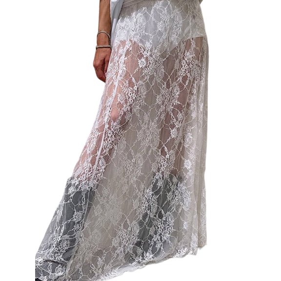 Women'S High Waist Lace Sheer Long Skirt for Summer Beach and Casual Wear White L