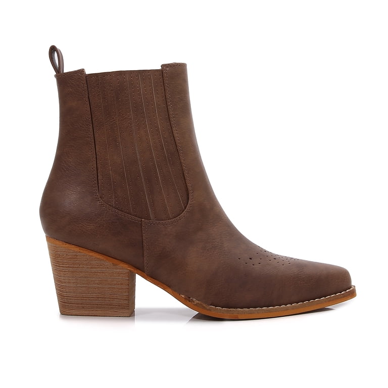 Women PU Leather Perforated Front Stacked Heel Ankle Boots with